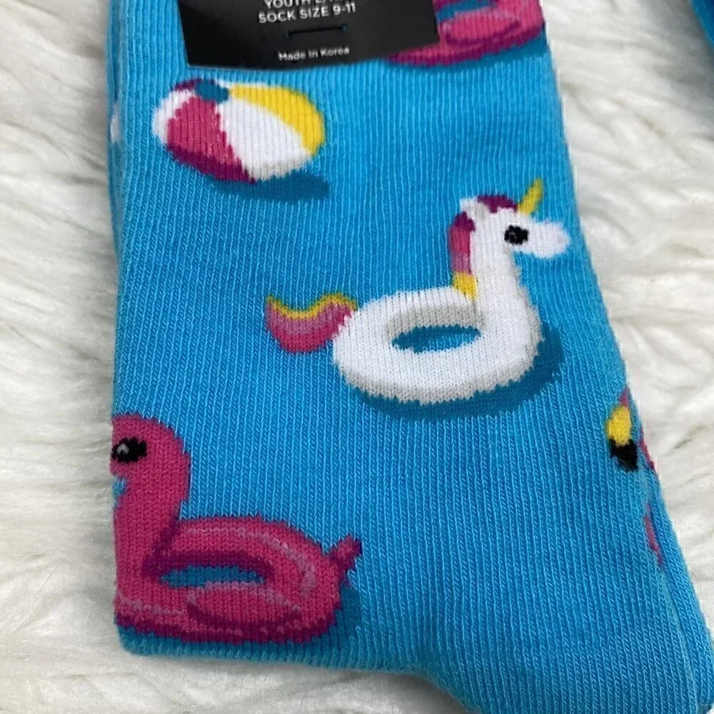 NEW Hot Sox Set of 2 Kids Socks Large/X-Large L/XL Pool Floats Unicorn Aqua Pink